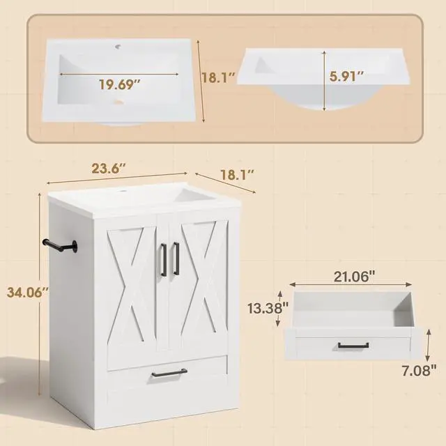 Alt view image 2 of 6 - 24" Bathroom Vanity with Sink, Bathroom Storage Vanity Sink Cabinet with 2 Doors & 1 Drawer Space, Farmhouse Wooden Free Standing Bathroom Cabinet with Sink Combo, Easy Assembly (White)
