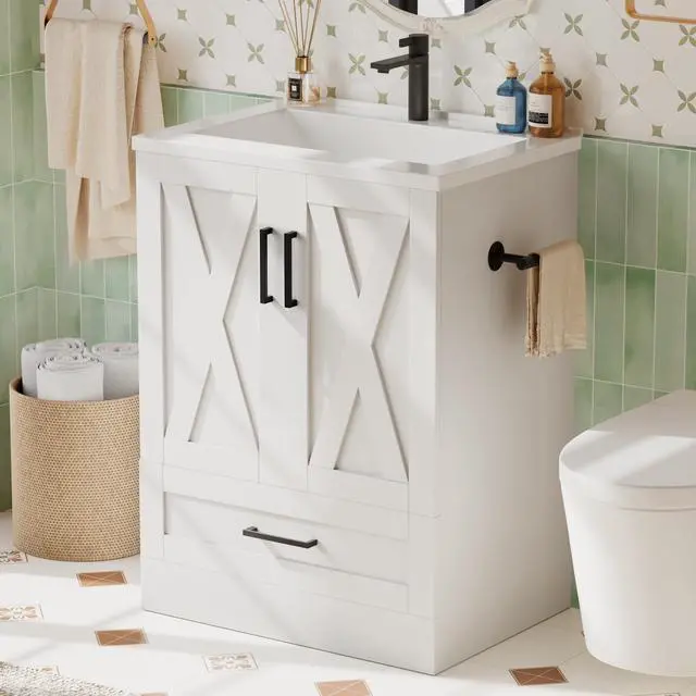 Alt view image 3 of 6 - 24" Bathroom Vanity with Sink, Bathroom Storage Vanity Sink Cabinet with 2 Doors & 1 Drawer Space, Farmhouse Wooden Free Standing Bathroom Cabinet with Sink Combo, Easy Assembly (White)