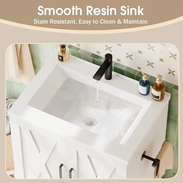 Alt view image 4 of 6 - 24" Bathroom Vanity with Sink, Bathroom Storage Vanity Sink Cabinet with 2 Doors & 1 Drawer Space, Farmhouse Wooden Free Standing Bathroom Cabinet with Sink Combo, Easy Assembly (White)