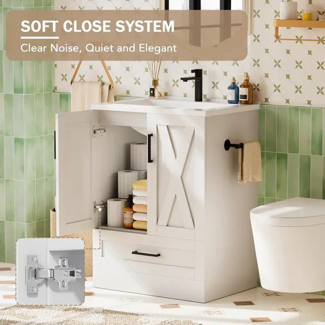 Alt view image 5 of 6 - 24" Bathroom Vanity with Sink, Bathroom Storage Vanity Sink Cabinet with 2 Doors & 1 Drawer Space, Farmhouse Wooden Free Standing Bathroom Cabinet with Sink Combo, Easy Assembly (White)