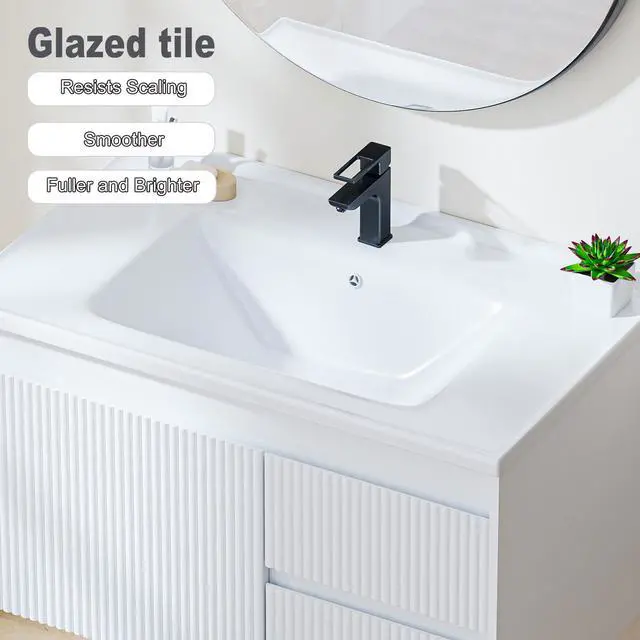Alt view image 3 of 6 - Floating Bathroom Vanity with Sink, 32 Inch Wall Mounted Bathroom Vanity with 2 Drawers and Wave-Carved Design Door, Modern Wooden Cabinet with Ceramic Sink and Storage, White