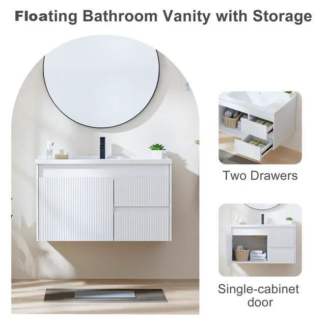 Alt view image 5 of 6 - Floating Bathroom Vanity with Sink, 32 Inch Wall Mounted Bathroom Vanity with 2 Drawers and Wave-Carved Design Door, Modern Wooden Cabinet with Ceramic Sink and Storage, White
