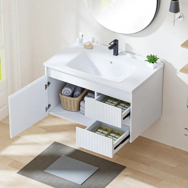Alt view image 6 of 6 - Floating Bathroom Vanity with Sink, 32 Inch Wall Mounted Bathroom Vanity with 2 Drawers and Wave-Carved Design Door, Modern Wooden Cabinet with Ceramic Sink and Storage, White
