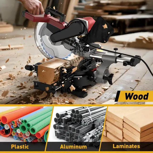 Alt view image 4 of 6 - 12-Inch Dual-Bevel Sliding Compound Miter Saw, 3800RPM, 15 Amp, Dual Bevel 0-45° with Extension Table, 36T Blade, Power Saw for Metal, Plastic, Wood, Laminates