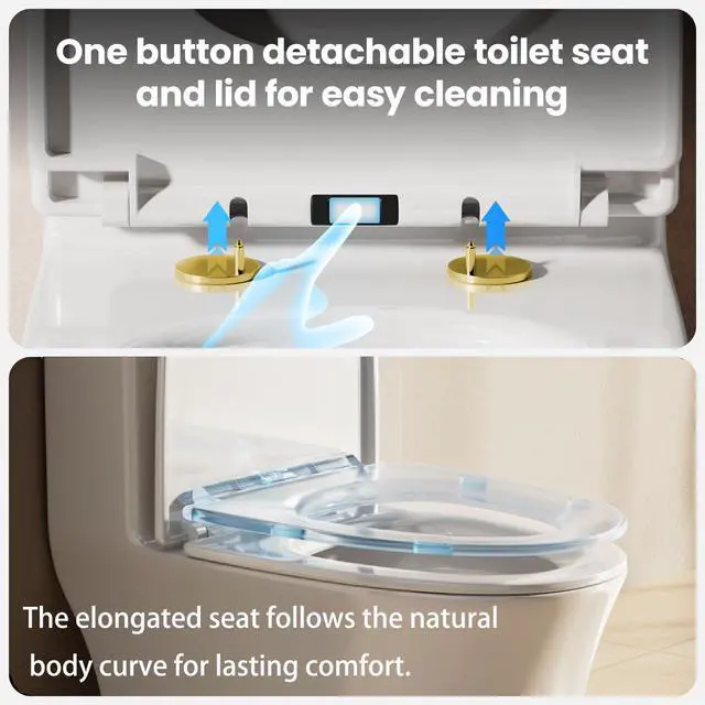 Alt view image 6 of 6 - One Piece Sleek Modern Toilet, 17" ADA Comfort Chair Height Seat, Dual Flush 0.9/1.28 GPF, MAP 1000g, 12" Rough-In, Compact Fully Skirted Round Toilet for Bathrooms, Gold Button