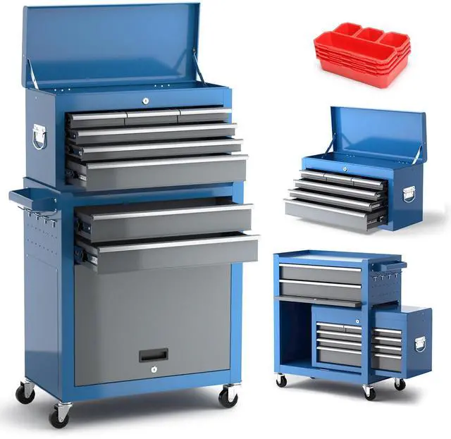 Main image of 8-Drawer Tool Chest with Wheels,42'' Rolling Tool Chest Heavy Duty,Detachable Top Tool Box,Tool Cabinet with Hooks,Liners,Tray Divider,Rolling Tool Box for Garage Storage, Workshop,Warehouse,Blue