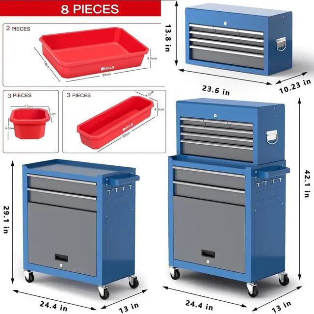 Alt view image 2 of 6 - 8-Drawer Tool Chest with Wheels,42'' Rolling Tool Chest Heavy Duty,Detachable Top Tool Box,Tool Cabinet with Hooks,Liners,Tray Divider,Rolling Tool Box for Garage Storage, Workshop,Warehouse,Blue