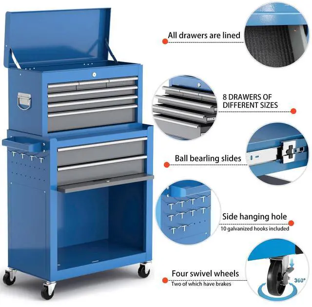 Alt view image 3 of 6 - 8-Drawer Tool Chest with Wheels,42'' Rolling Tool Chest Heavy Duty,Detachable Top Tool Box,Tool Cabinet with Hooks,Liners,Tray Divider,Rolling Tool Box for Garage Storage, Workshop,Warehouse,Blue