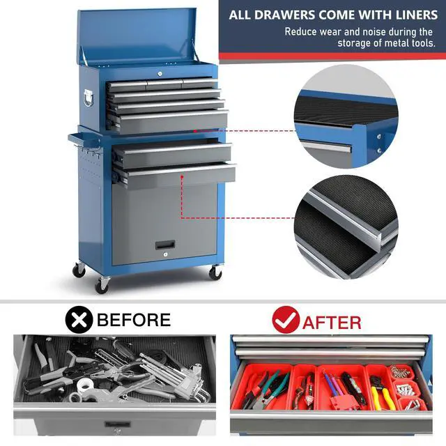 Alt view image 4 of 6 - 8-Drawer Tool Chest with Wheels,42'' Rolling Tool Chest Heavy Duty,Detachable Top Tool Box,Tool Cabinet with Hooks,Liners,Tray Divider,Rolling Tool Box for Garage Storage, Workshop,Warehouse,Blue