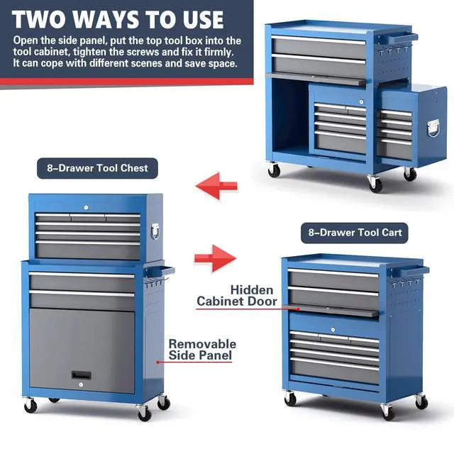 Alt view image 5 of 6 - 8-Drawer Tool Chest with Wheels,42'' Rolling Tool Chest Heavy Duty,Detachable Top Tool Box,Tool Cabinet with Hooks,Liners,Tray Divider,Rolling Tool Box for Garage Storage, Workshop,Warehouse,Blue