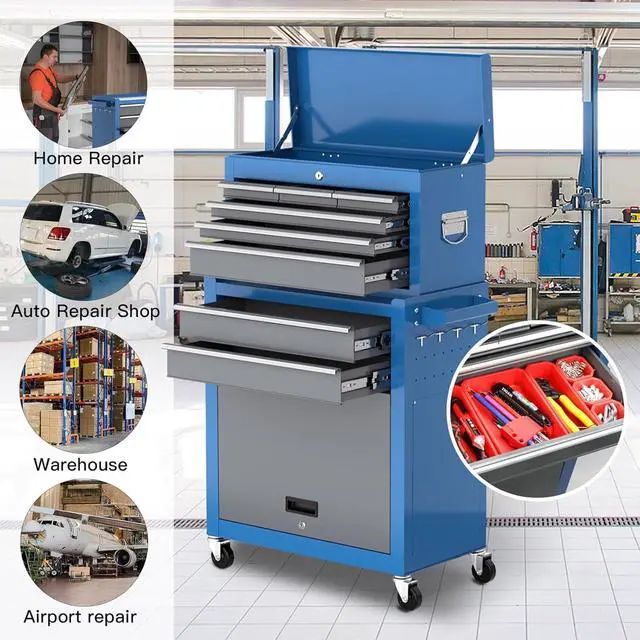 Alt view image 6 of 6 - 8-Drawer Tool Chest with Wheels,42'' Rolling Tool Chest Heavy Duty,Detachable Top Tool Box,Tool Cabinet with Hooks,Liners,Tray Divider,Rolling Tool Box for Garage Storage, Workshop,Warehouse,Blue
