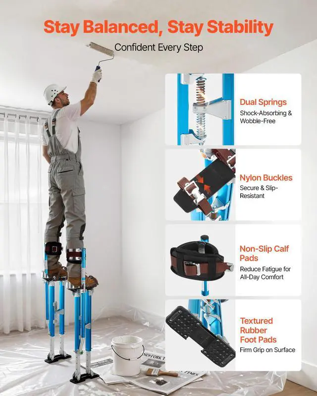 Alt view image 2 of 6 - Drywall Stilts, 24.240.3 Inch Adjustable Aluminum Painter Stilts, 228 lbs Load Capacity, Non-Slip Rubber Feet, Dual Spring Shock Absorption, Comfortable Leg Straps for Painting, Decoration,Blue