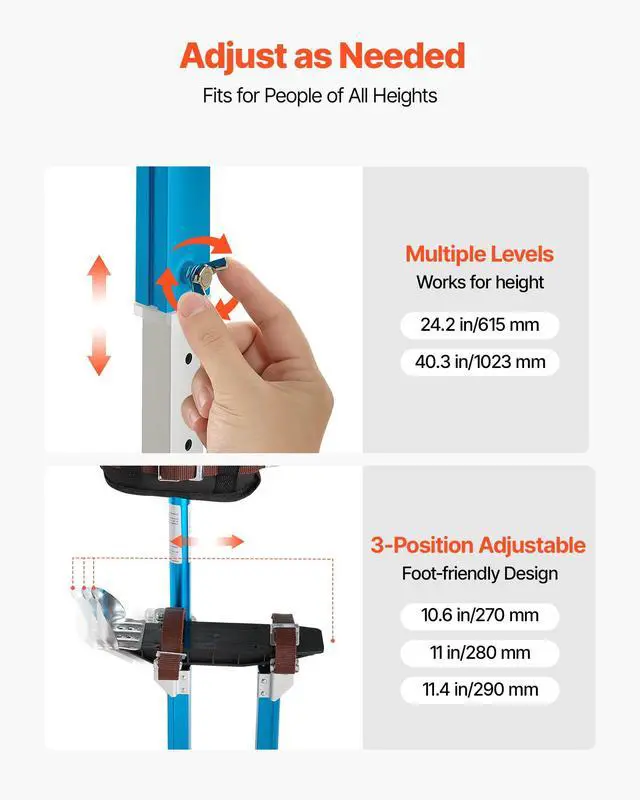 Alt view image 4 of 6 - Drywall Stilts, 24.240.3 Inch Adjustable Aluminum Painter Stilts, 228 lbs Load Capacity, Non-Slip Rubber Feet, Dual Spring Shock Absorption, Comfortable Leg Straps for Painting, Decoration,Blue