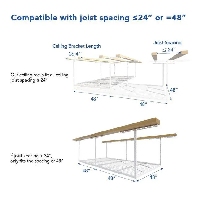 Alt view image 4 of 6 - Pro 4x8 Overhead Garage Storage Rack,Adjustable Storage Organization System, Heavy Duty Metal Ceiling Storage Racks, 800lbs Weight Capacity, White, Pro Series