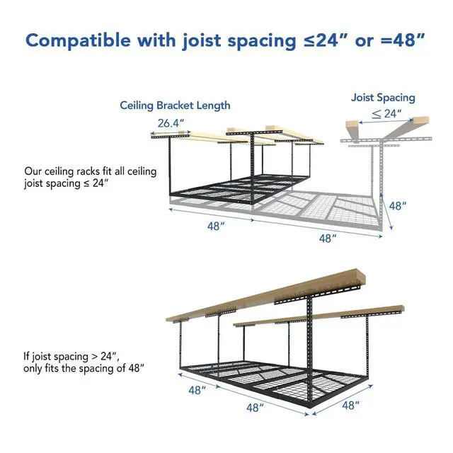 Alt view image 4 of 6 - Pro 4x8 Overhead Garage Storage Rack,Adjustable Storage Organization System, Heavy Duty Metal Ceiling Storage Racks, 800lbs Weight Capacity, Black, Pro Series