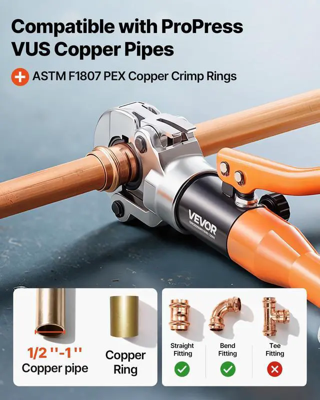 Alt view image 2 of 6 - Copper Pipe Crimping Tool, Hydraulic Driven Press Tool with 1/2" 3/4" 1" Jaws for VUS Type Copper Tube & 3/8", 1/2", 5/8", 3/4", 1" Jaws for ASTM F1807 PEX Pipe Copper Ring - with Carrying Case
