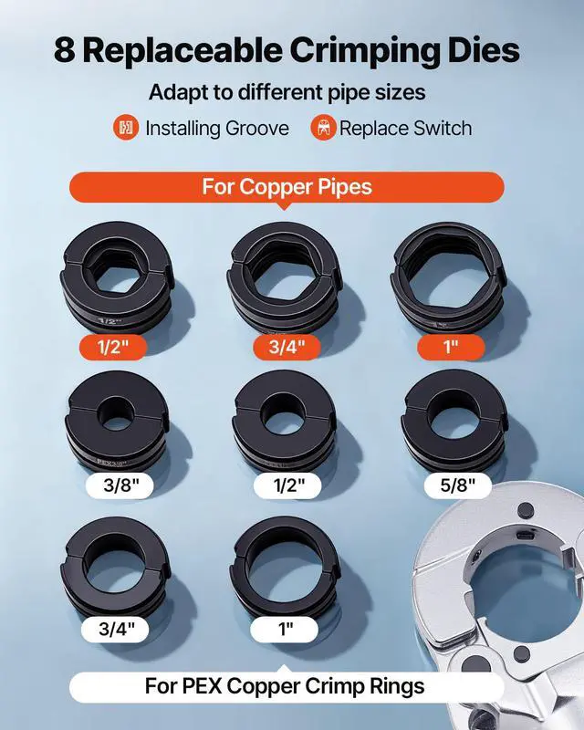 Alt view image 3 of 6 - Copper Pipe Crimping Tool, Hydraulic Driven Press Tool with 1/2" 3/4" 1" Jaws for VUS Type Copper Tube & 3/8", 1/2", 5/8", 3/4", 1" Jaws for ASTM F1807 PEX Pipe Copper Ring - with Carrying Case