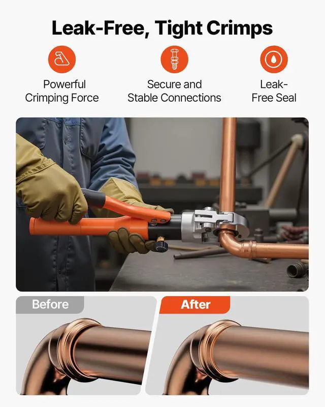 Alt view image 6 of 6 - Copper Pipe Crimping Tool, Hydraulic Driven Press Tool with 1/2" 3/4" 1" Jaws for VUS Type Copper Tube & 3/8", 1/2", 5/8", 3/4", 1" Jaws for ASTM F1807 PEX Pipe Copper Ring - with Carrying Case