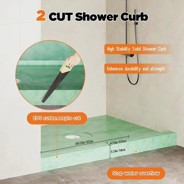 Alt view image 6 of 6 - Shower Curb Kit, Complete Shower System 48" x 72", Includes Curb, Membrane, Seals, Corners, PVC Bonding Flange, Trowel & Level