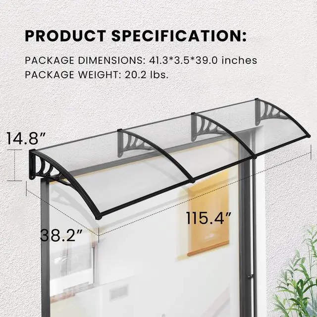 Alt view image 6 of 6 - Polycarbonate Window Door Awning Canopy Transparent with Black Bracket 38 Inch x 115 Inch