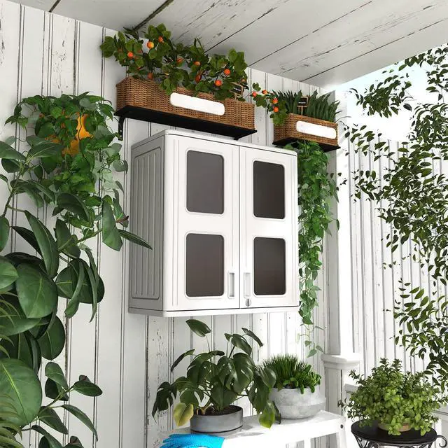 Alt view image 6 of 6 - Outdoor Storage Cabinet Waterproof,Resin Garage and Laundry Room Wall Mounted Cabinets,Outdoor Storage Box with Doors and Shelves,White