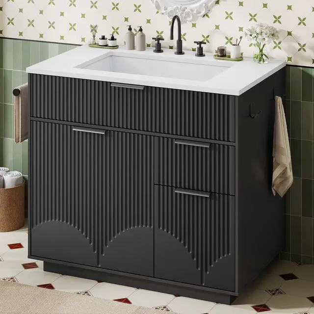 Main image of 31" Fluted Bathroom Vanity with Sink, Freestanding Bathroom Cabinet with Door Storage and 3 Drawers Space, Undermount Vanity Sink Combo Set with Towel Holder and Hooks, Soft Closing Door (Black, 31in)