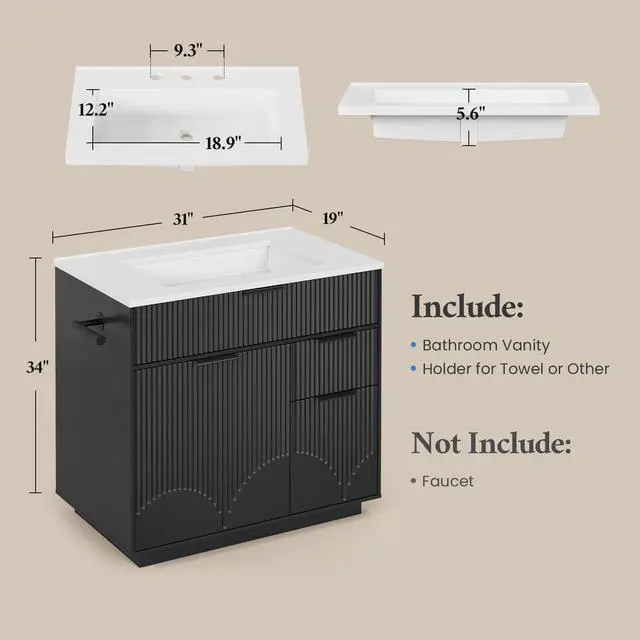 Alt view image 2 of 6 - 31" Fluted Bathroom Vanity with Sink, Freestanding Bathroom Cabinet with Door Storage and 3 Drawers Space, Undermount Vanity Sink Combo Set with Towel Holder and Hooks, Soft Closing Door (Black, 31in)