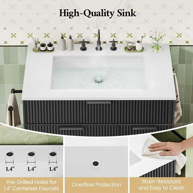 Alt view image 3 of 6 - 31" Fluted Bathroom Vanity with Sink, Freestanding Bathroom Cabinet with Door Storage and 3 Drawers Space, Undermount Vanity Sink Combo Set with Towel Holder and Hooks, Soft Closing Door (Black, 31in)