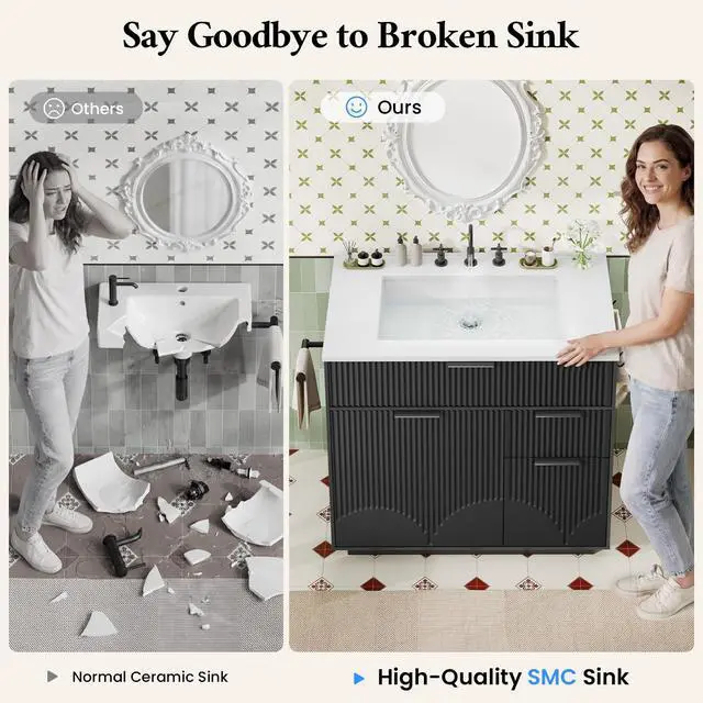 Alt view image 4 of 6 - 31" Fluted Bathroom Vanity with Sink, Freestanding Bathroom Cabinet with Door Storage and 3 Drawers Space, Undermount Vanity Sink Combo Set with Towel Holder and Hooks, Soft Closing Door (Black, 31in)