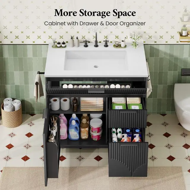 Alt view image 5 of 6 - 31" Fluted Bathroom Vanity with Sink, Freestanding Bathroom Cabinet with Door Storage and 3 Drawers Space, Undermount Vanity Sink Combo Set with Towel Holder and Hooks, Soft Closing Door (Black, 31in)