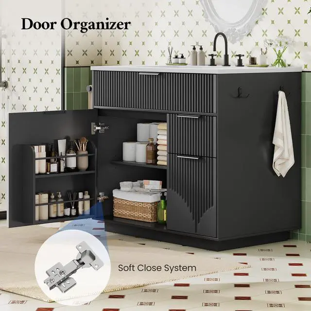 Alt view image 6 of 6 - 31" Fluted Bathroom Vanity with Sink, Freestanding Bathroom Cabinet with Door Storage and 3 Drawers Space, Undermount Vanity Sink Combo Set with Towel Holder and Hooks, Soft Closing Door (Black, 31in)
