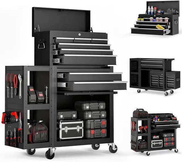 Main image of 8-Drawer Rolling Tool Chest,3-in-1 Tool Box on Wheels with Lockable Steel Cabinet, Detachable Top Toolbox & Bottom Storage Cart with Additional Cabinet for Repair Room,Warehouse, Black New