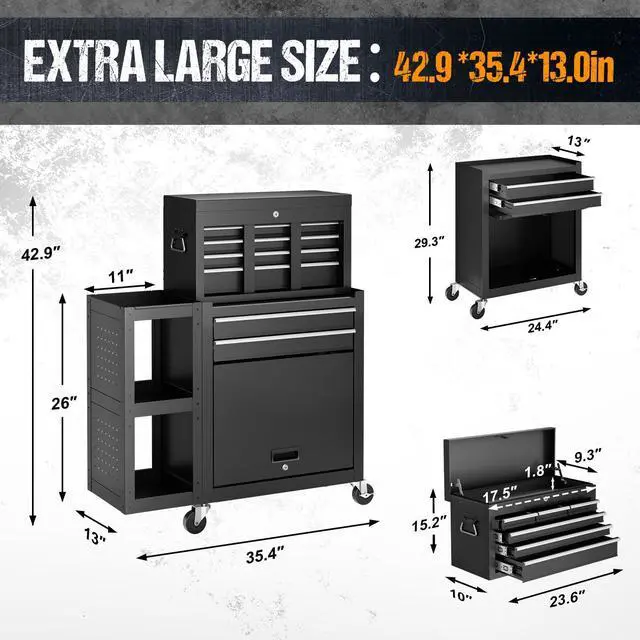Alt view image 3 of 6 - 8-Drawer Rolling Tool Chest,3-in-1 Tool Box on Wheels with Lockable Steel Cabinet, Detachable Top Toolbox & Bottom Storage Cart with Additional Cabinet for Repair Room,Warehouse, Black New