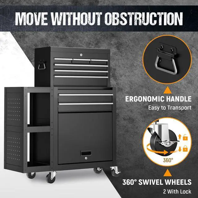 Alt view image 5 of 6 - 8-Drawer Rolling Tool Chest,3-in-1 Tool Box on Wheels with Lockable Steel Cabinet, Detachable Top Toolbox & Bottom Storage Cart with Additional Cabinet for Repair Room,Warehouse, Black New