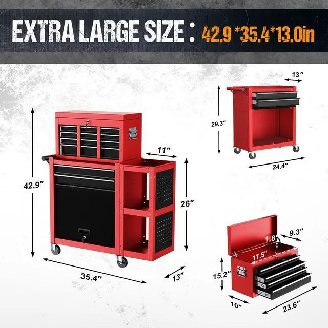 Alt view image 3 of 6 - 8-Drawer Rolling Tool Chest,3-in-1 Tool Box on Wheels with Lockable Steel Garage, Detachable Top Toolbox & Bottom Storage Cart with Additional Cabinet for Repair Room,Warehouse, 2026 Red