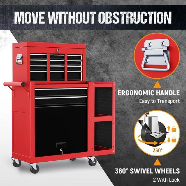 Alt view image 4 of 6 - 8-Drawer Rolling Tool Chest,3-in-1 Tool Box on Wheels with Lockable Steel Garage, Detachable Top Toolbox & Bottom Storage Cart with Additional Cabinet for Repair Room,Warehouse, 2026 Red