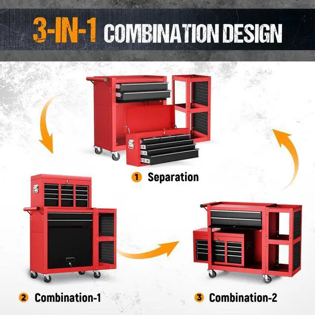 Alt view image 5 of 6 - 8-Drawer Rolling Tool Chest,3-in-1 Tool Box on Wheels with Lockable Steel Garage, Detachable Top Toolbox & Bottom Storage Cart with Additional Cabinet for Repair Room,Warehouse, 2026 Red