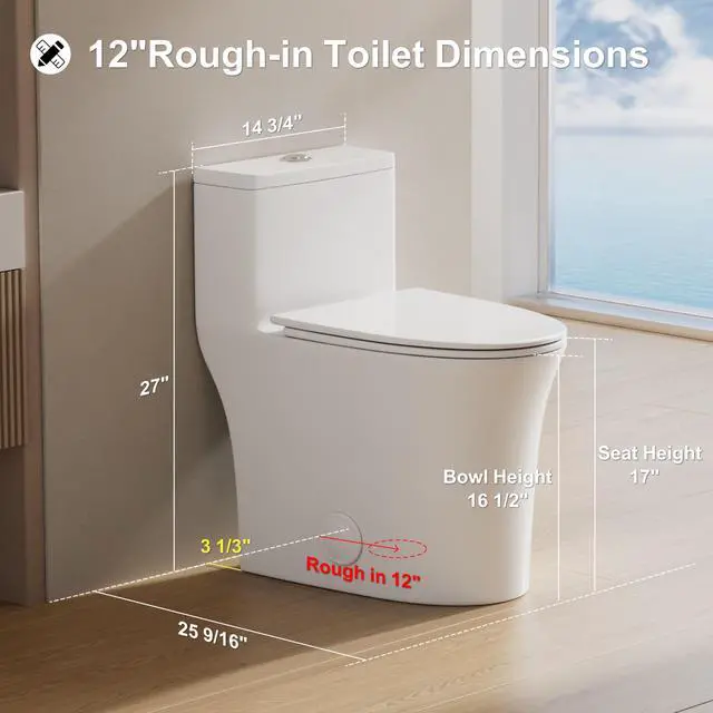Alt view image 2 of 6 - One Piece Sleek Modern Toilet, ADA Chair Seat Height 17", Dual Flush 0.9/1.28 GPF, MAP 1000g, 12" Rough-In, Compact Fully Skirted Round Toilet for Bathrooms Soft Close Seat