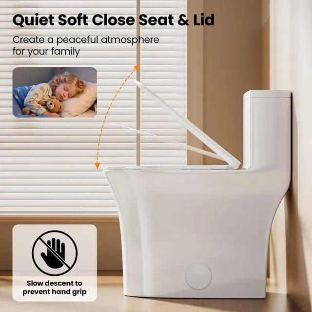 Alt view image 6 of 6 - One Piece Sleek Modern Toilet, ADA Chair Seat Height 17", Dual Flush 0.9/1.28 GPF, MAP 1000g, 12" Rough-In, Compact Fully Skirted Round Toilet for Bathrooms Soft Close Seat