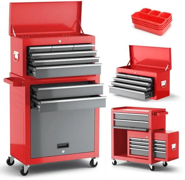 Main image of 8-Drawer Tool Chest with Wheels,42'' Rolling Tool Chest Heavy Duty,Detachable Top Tool Box,Tool Cabinet with Hooks,Liners,Tray Divider,Rolling Tool Box for Garage Storage, Workshop,Warehouse,Red