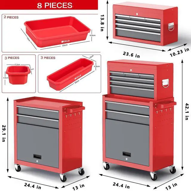 Alt view image 2 of 6 - 8-Drawer Tool Chest with Wheels,42'' Rolling Tool Chest Heavy Duty,Detachable Top Tool Box,Tool Cabinet with Hooks,Liners,Tray Divider,Rolling Tool Box for Garage Storage, Workshop,Warehouse,Red