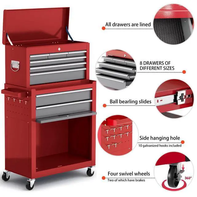 Alt view image 3 of 6 - 8-Drawer Tool Chest with Wheels,42'' Rolling Tool Chest Heavy Duty,Detachable Top Tool Box,Tool Cabinet with Hooks,Liners,Tray Divider,Rolling Tool Box for Garage Storage, Workshop,Warehouse,Red