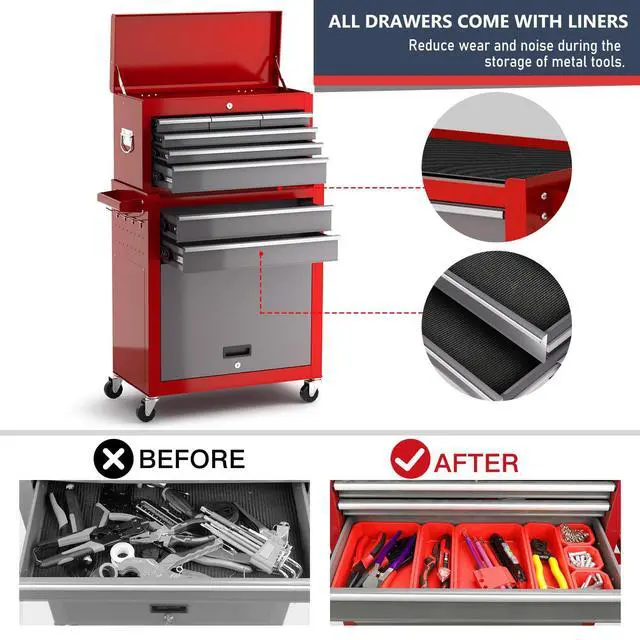 Alt view image 4 of 6 - 8-Drawer Tool Chest with Wheels,42'' Rolling Tool Chest Heavy Duty,Detachable Top Tool Box,Tool Cabinet with Hooks,Liners,Tray Divider,Rolling Tool Box for Garage Storage, Workshop,Warehouse,Red