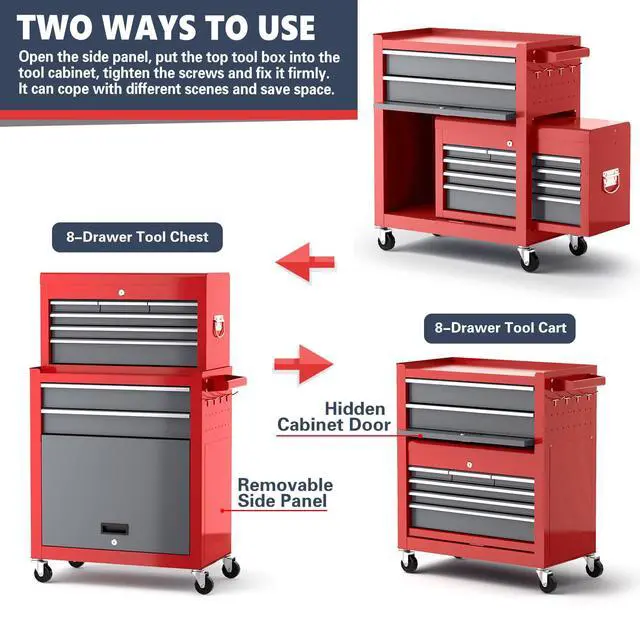 Alt view image 5 of 6 - 8-Drawer Tool Chest with Wheels,42'' Rolling Tool Chest Heavy Duty,Detachable Top Tool Box,Tool Cabinet with Hooks,Liners,Tray Divider,Rolling Tool Box for Garage Storage, Workshop,Warehouse,Red