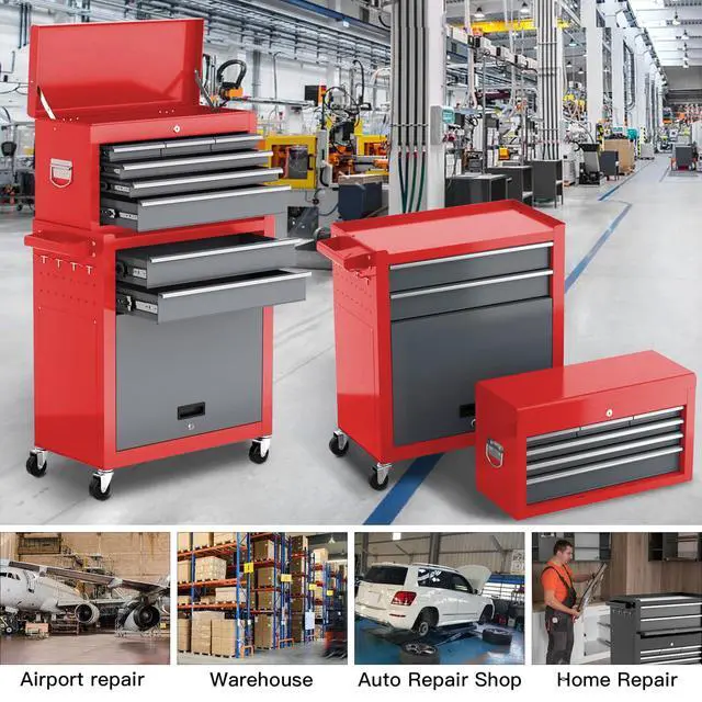 Alt view image 6 of 6 - 8-Drawer Tool Chest with Wheels,42'' Rolling Tool Chest Heavy Duty,Detachable Top Tool Box,Tool Cabinet with Hooks,Liners,Tray Divider,Rolling Tool Box for Garage Storage, Workshop,Warehouse,Red