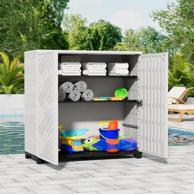 Alt view image 2 of 6 - Outdoor Storage Cabinet Waterproof, 60 Gallon Resin Outdoor Storage Shed for Patio/Garden/Backyard, Outdoor Storage Box for Cushions,Garden Tools and Pool Supplies(White with 1 Shelving)