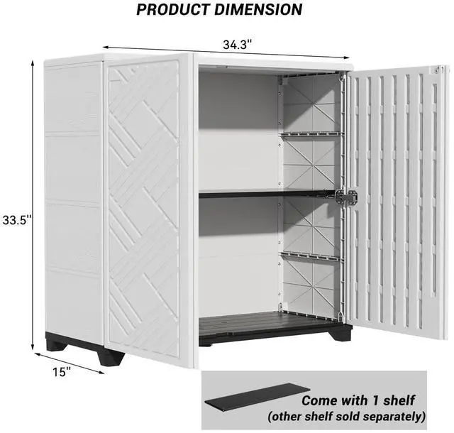 Alt view image 3 of 6 - Outdoor Storage Cabinet Waterproof, 60 Gallon Resin Outdoor Storage Shed for Patio/Garden/Backyard, Outdoor Storage Box for Cushions,Garden Tools and Pool Supplies(White with 1 Shelving)