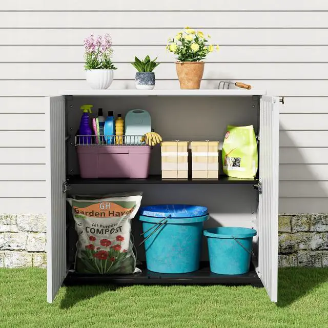 Alt view image 4 of 6 - Outdoor Storage Cabinet Waterproof, 60 Gallon Resin Outdoor Storage Shed for Patio/Garden/Backyard, Outdoor Storage Box for Cushions,Garden Tools and Pool Supplies(White with 1 Shelving)
