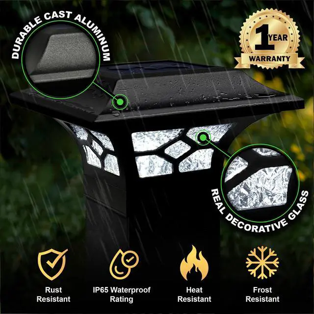 Alt view image 6 of 6 - Kingston Solar Post Cap (Set of 6) - Fits 2"x2", 2.5"x2.5" and 3"x3" Fence & Deck Posts - Black Cast Aluminum - Warm/Cool Light Color Modes - Heavy-Duty, Real Glass - Mod. SLZ332B