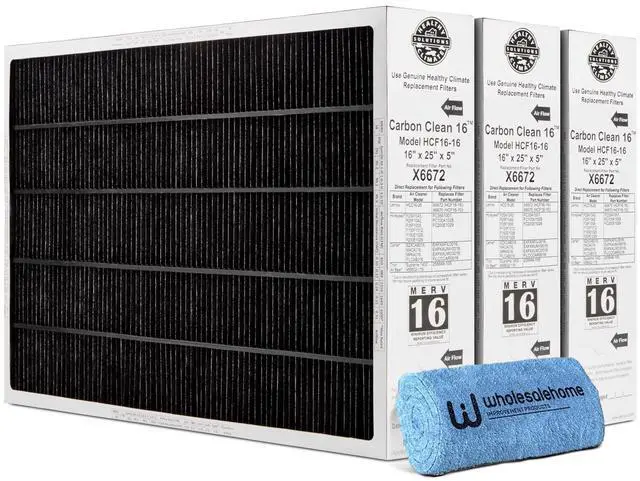 Main image of Lennox X6672 16x25x5 Furnace Filter, Lennox Carbon Clean Merv 16 Home HVAC Air filter, 3 Pack with Cleaning Cloth